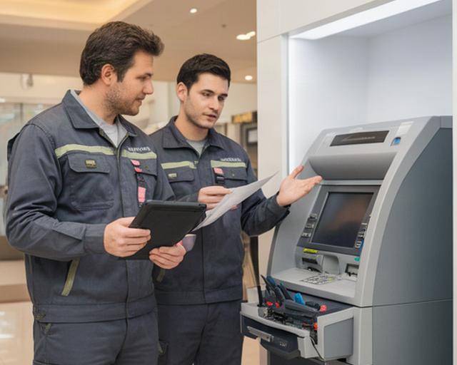 Two ATM maintenance technicians in uniform discussing diagnostic results beside a serviced ATM in a Singapore commercial facility